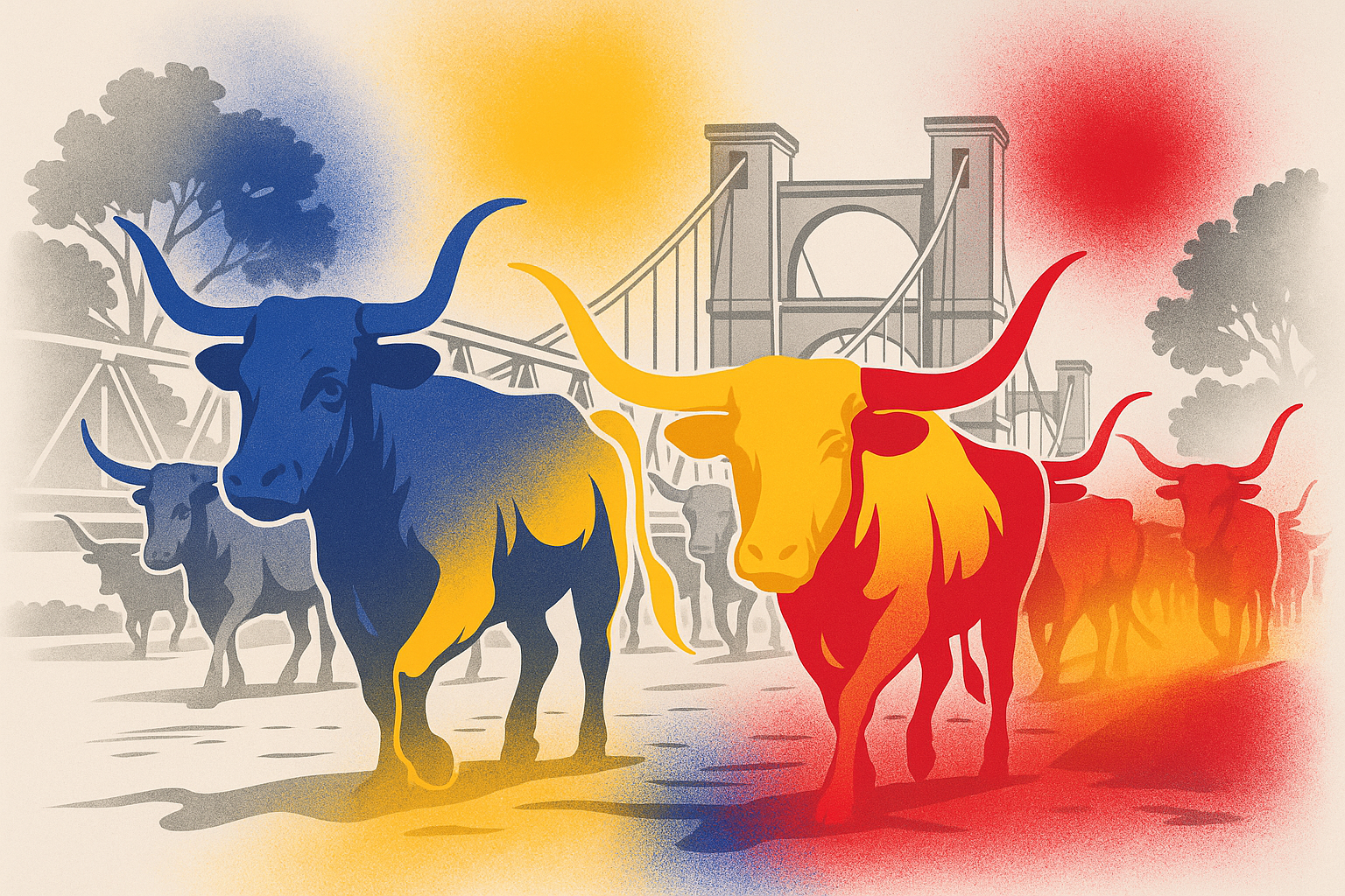 Longhorn herd in MoGhraOps brand colors — strength, character, moving forward together