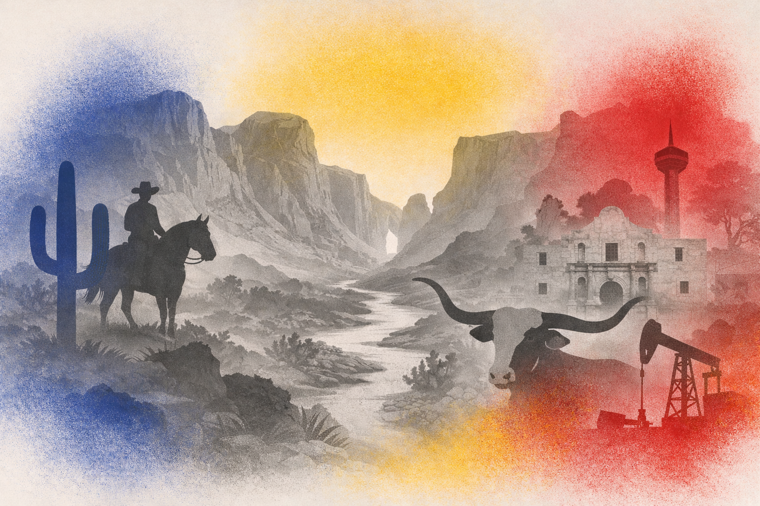 Big Bend canyon, cowboy, cactus, Alamo, Tower of Americas — the sweep of Texas and the long view
