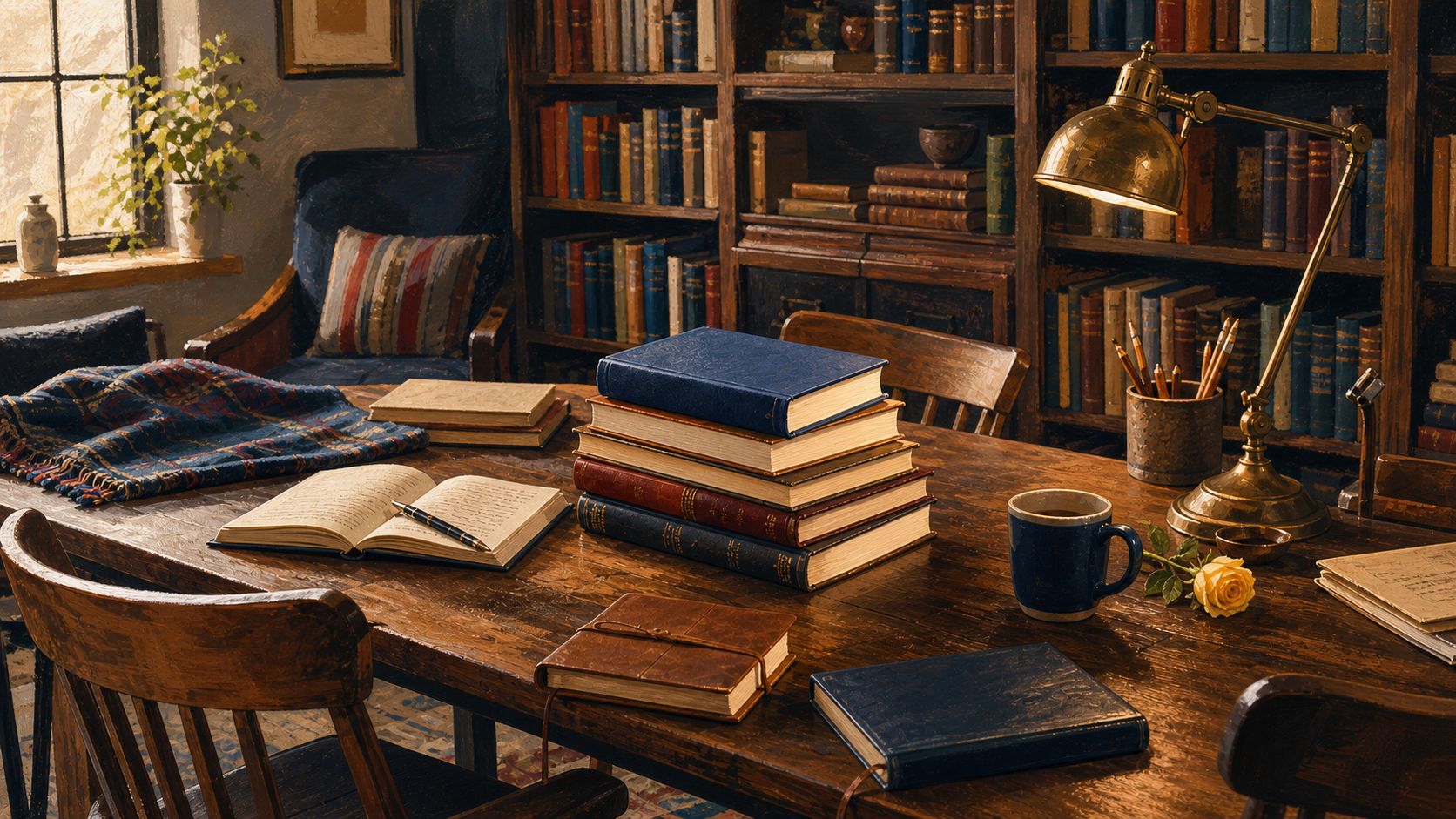 A painted reading room — a stack of well-used books, an open journal, a lamp, and a single yellow rose on the table