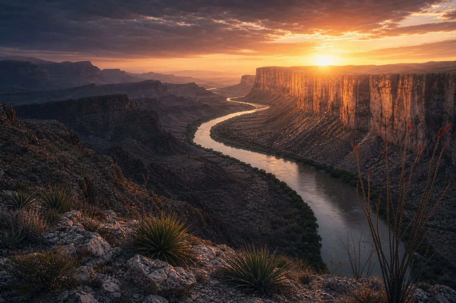 The Rio Grande winding through Santa Elena Canyon at sunset — Big Bend country, the long view