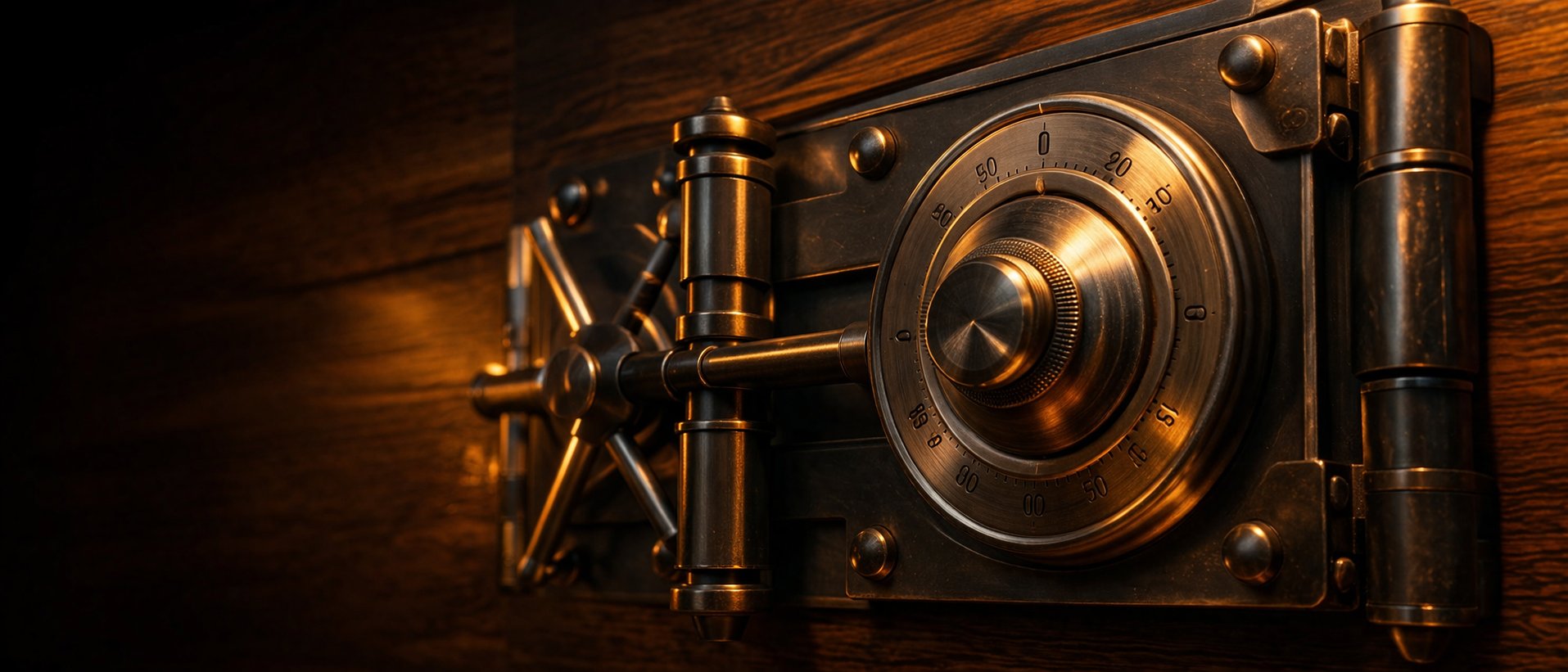 Brass combination vault lock mechanism on walnut wood