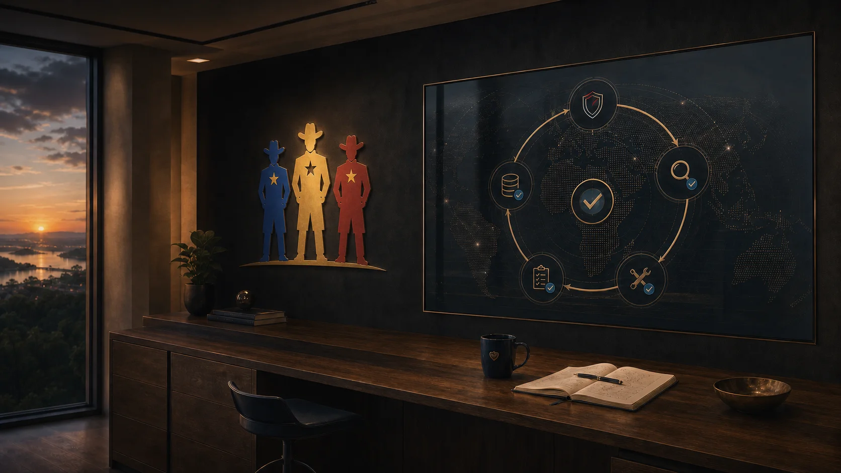A MoGhraOps command post at dusk — the StandFast guardians standing watch on the wall while the continuous-assurance loop runs on screen