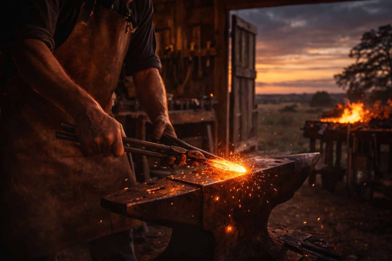 Texas blacksmith forging steel at the anvil — sunset over open country