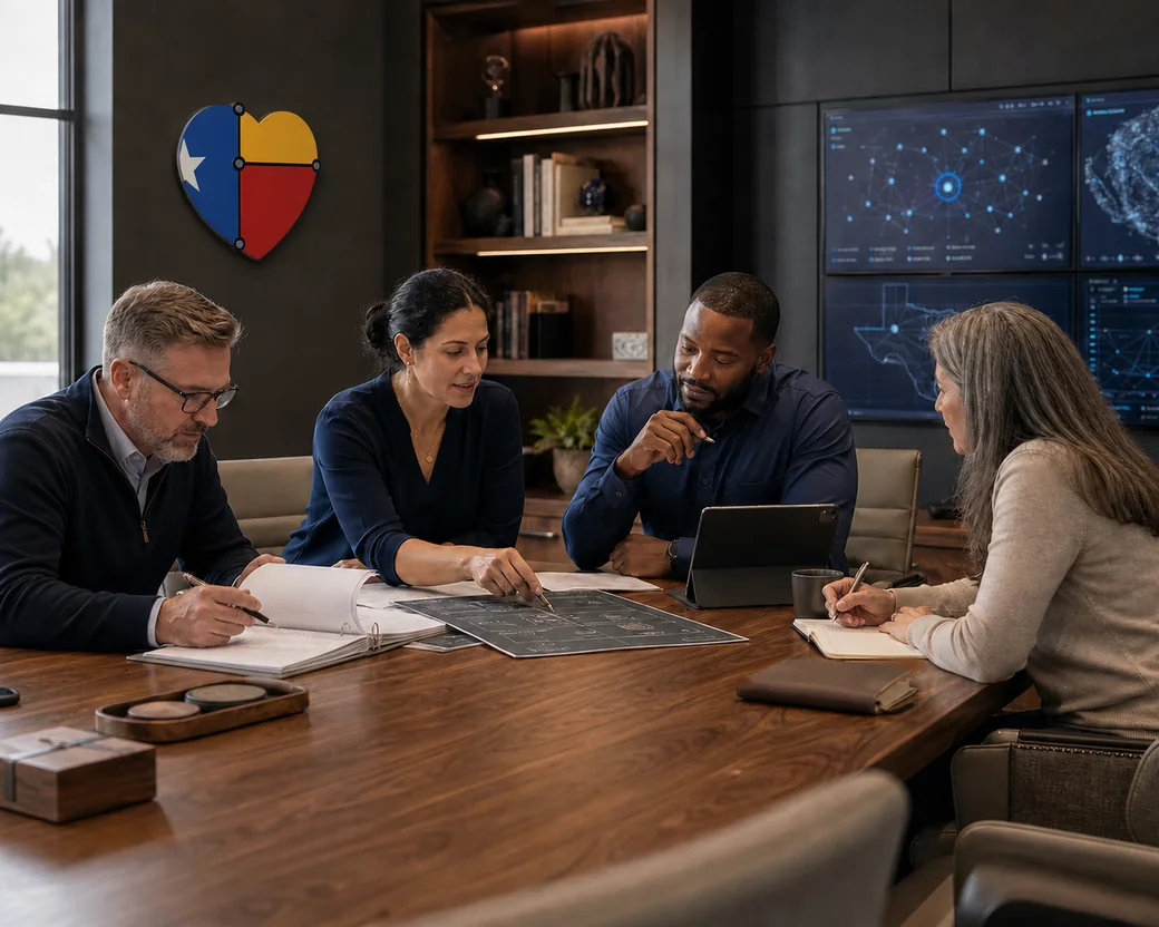Four MoGhraOps practitioners working a security plan together around a conference table &mdash; the Four Loves heart on the wall behind them, network and Texas coverage dashboards on the screens