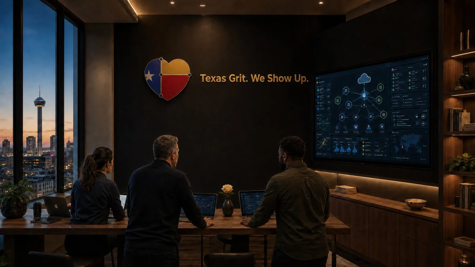 Three MoGhraOps engineers at a standing table before an operations dashboard — the four-loves heart and the words Texas Grit. We Show Up. in gold on the wall, the Tower of the Americas in the window at dusk
