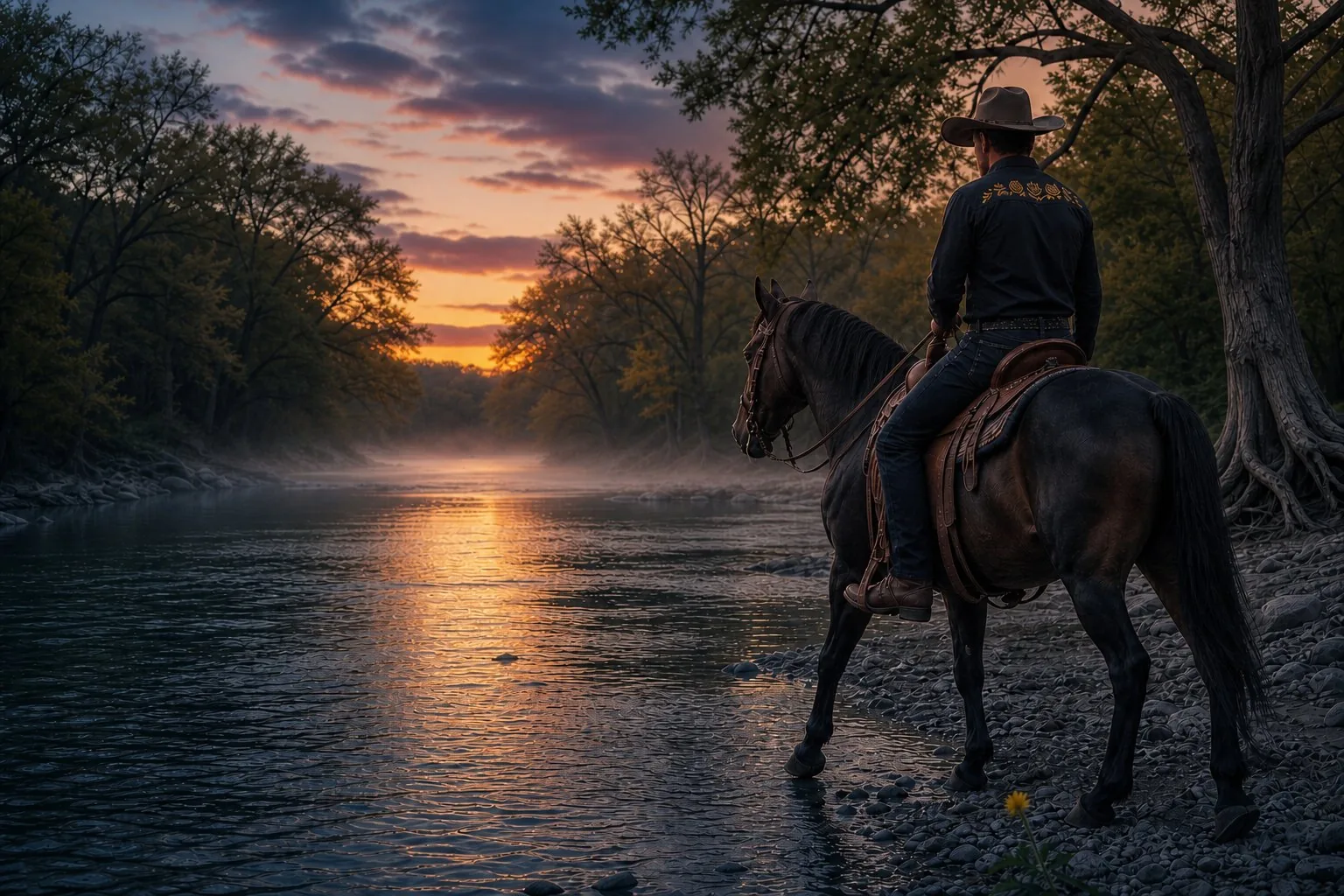A rider paused at the edge of the Frio River at dusk — gold roses on his shoulders, the water running quiet toward the last light