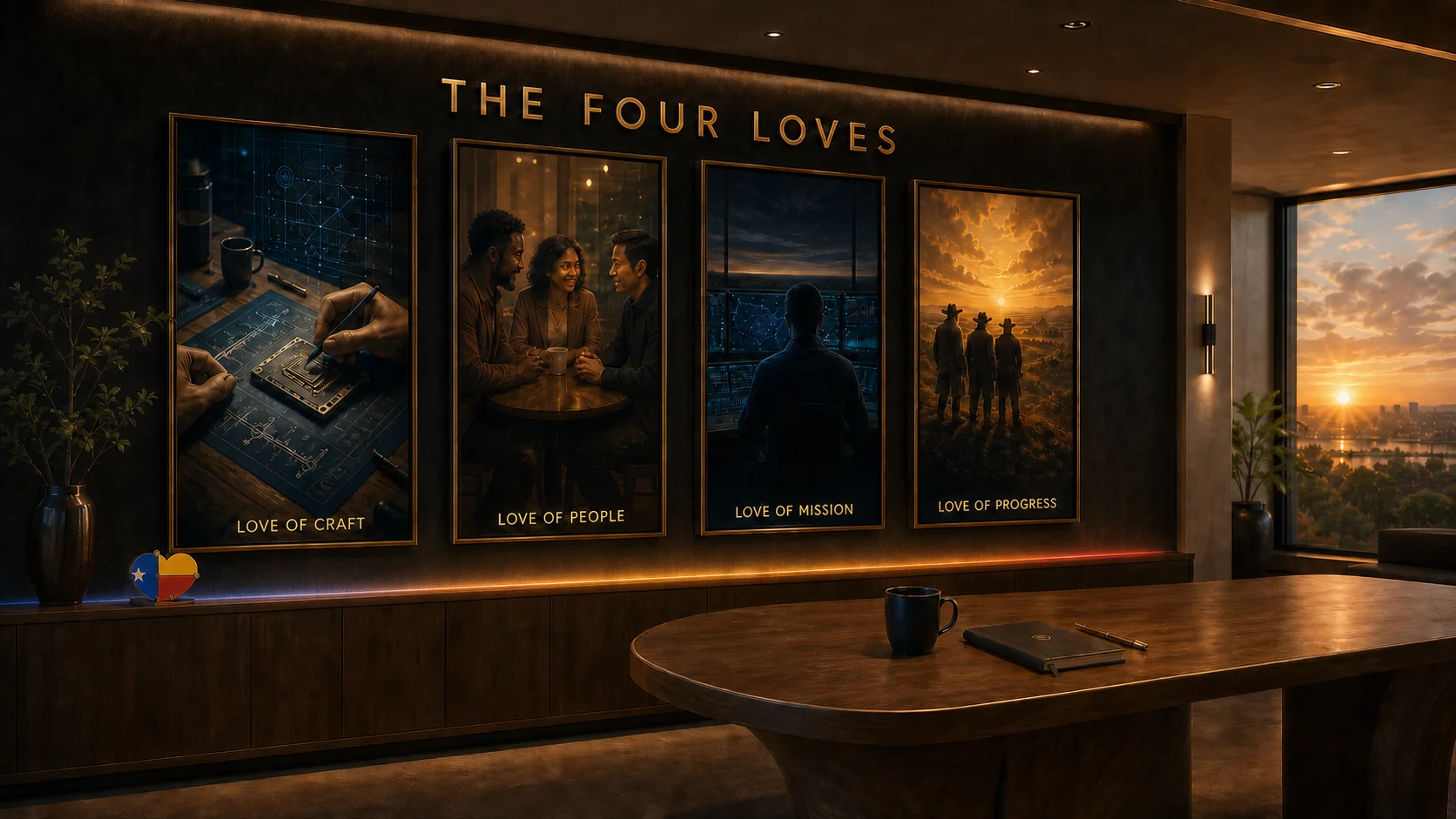 The Four Loves of MoGhraOps &mdash; Love of Craft, Love of People, Love of Mission, and Love of Progress, shown as four framed gallery posters in a warm command post at dusk with the Texas heart on the credenza