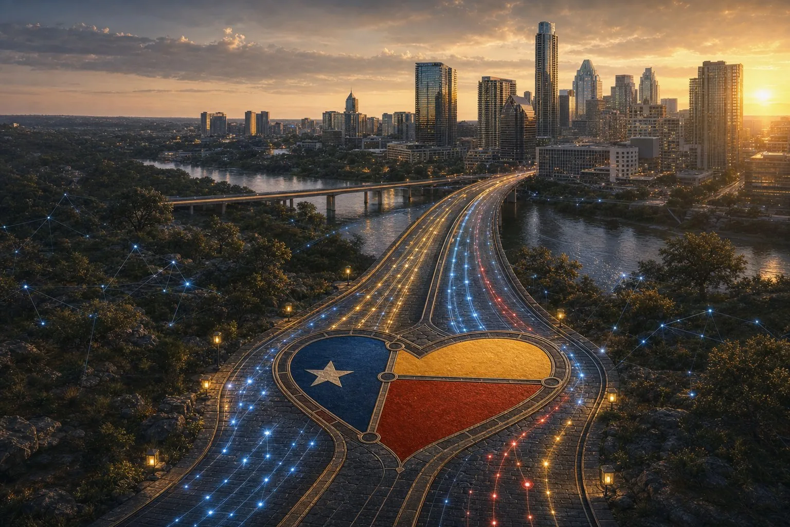 The four-loves heart laid in cobblestone at the center of Interstate 35 — rivers of blue, gold, and red data flowing through its ports toward the Austin skyline at sunset