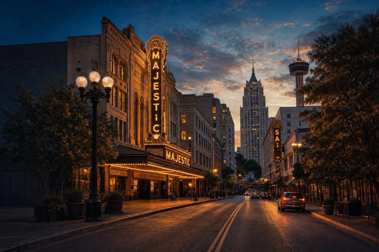 The Majestic Theatre marquee lit gold on Houston Street at dusk — San Antonio, the Tower Life Building and Tower of the Americas beyond