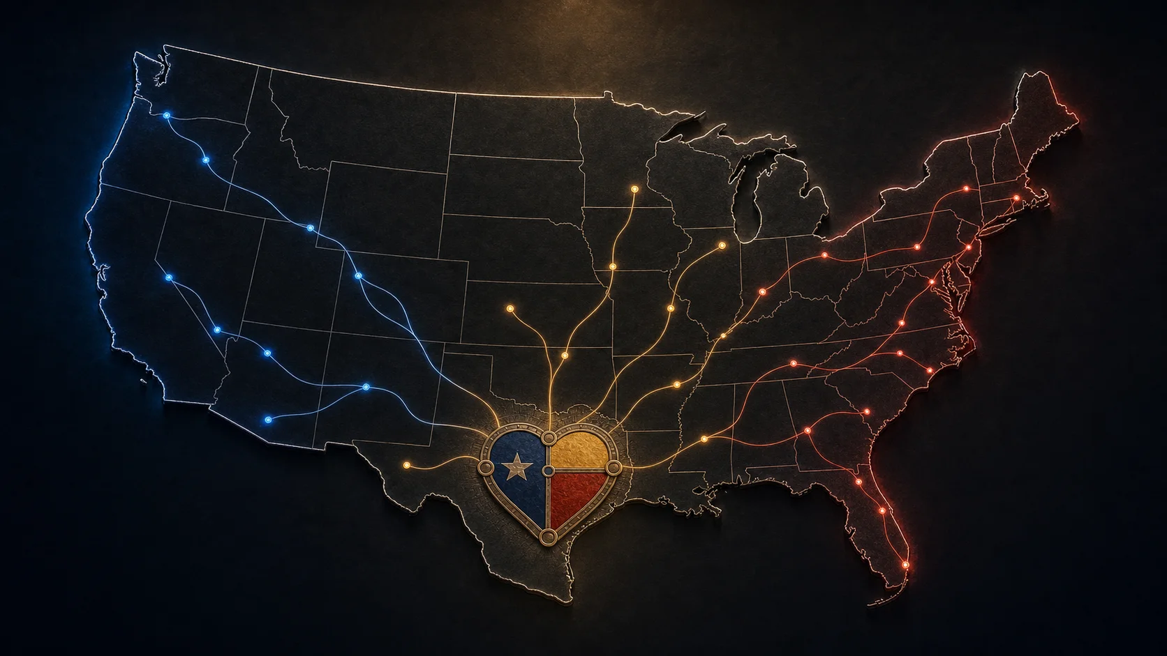National reach — the Texas heart at the center of the country, golden connections fanning coast to coast at sunset