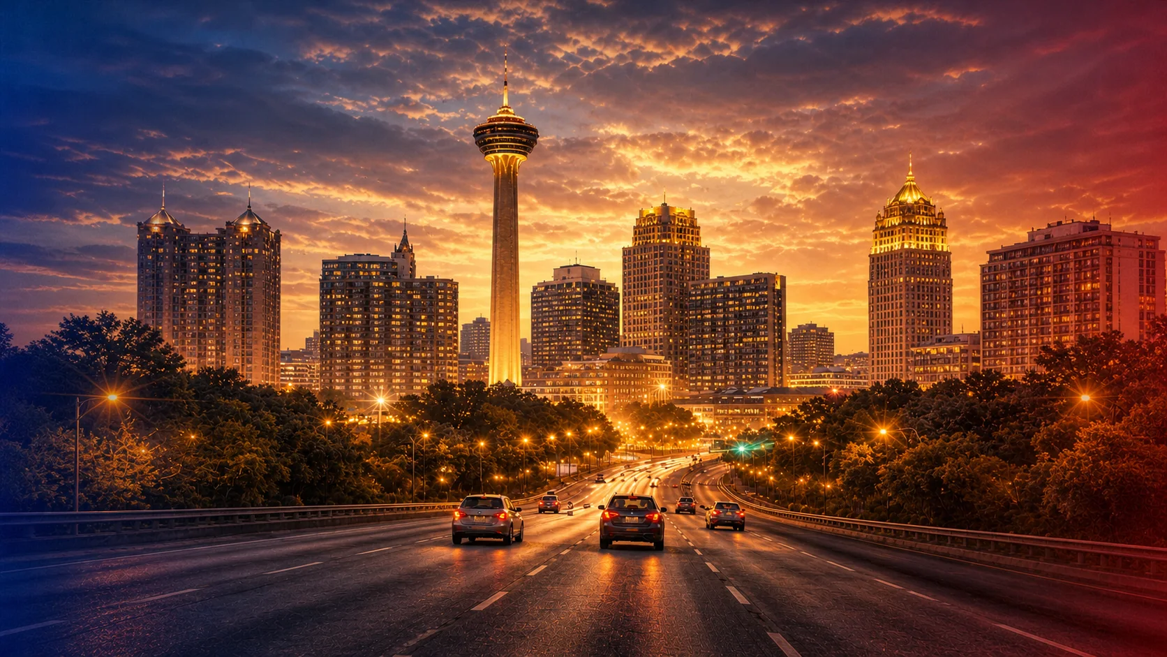San Antonio in gold — the Tower of the Americas over the drive home
