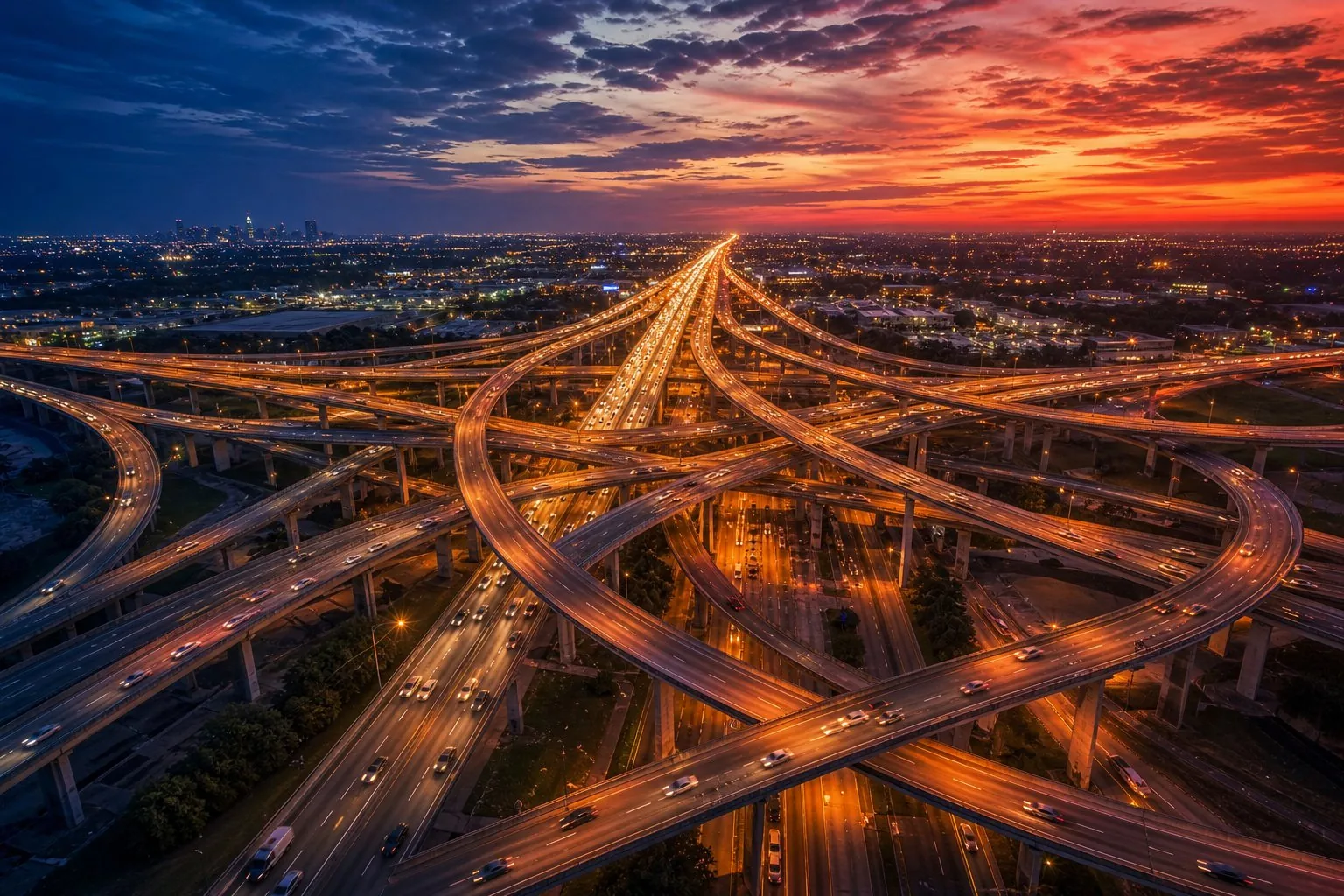 The High Five Interchange in Dallas, TX — five stacked levels of interlocking ramps at golden hour