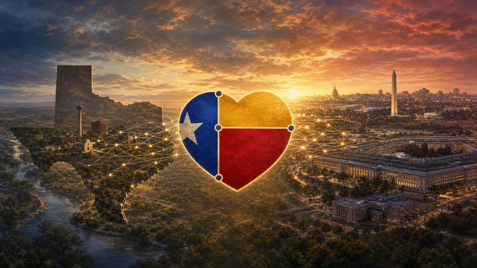 The MoGhraOps four-loves heart joining its two homelands — San Antonio and Texas on one side, the Washington Monument, Capitol, and Pentagon on the other, gold threads binding both
