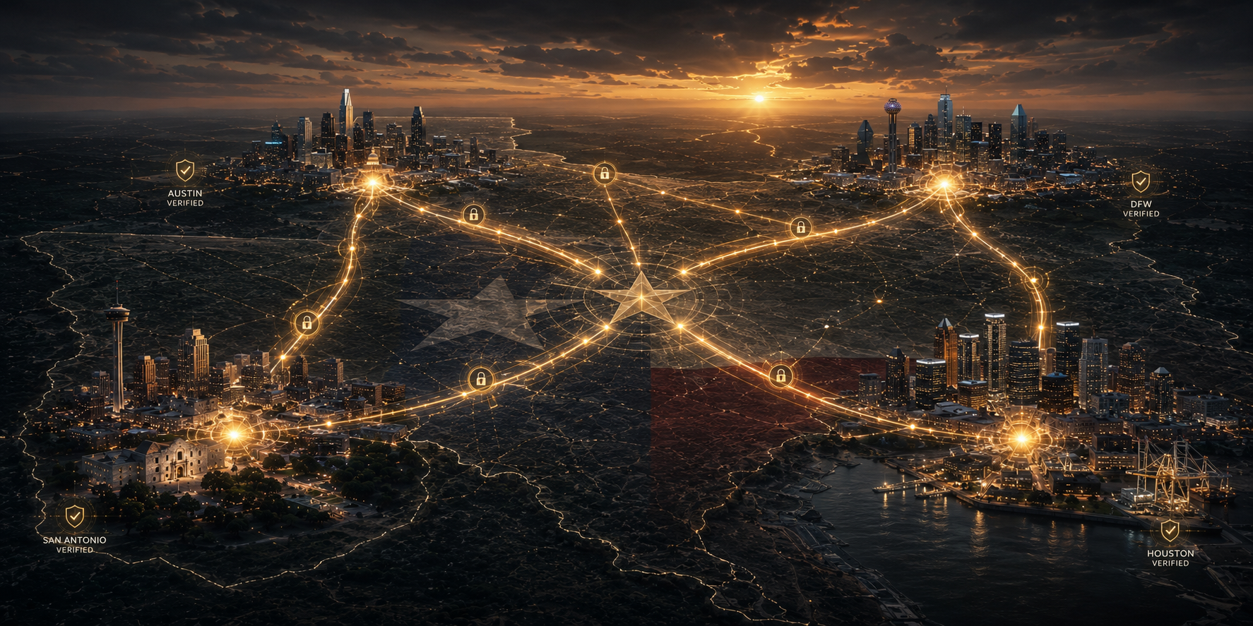 Zero-trust verified network connecting San Antonio, Austin, DFW, and Houston — routed through the Texas Lone Star