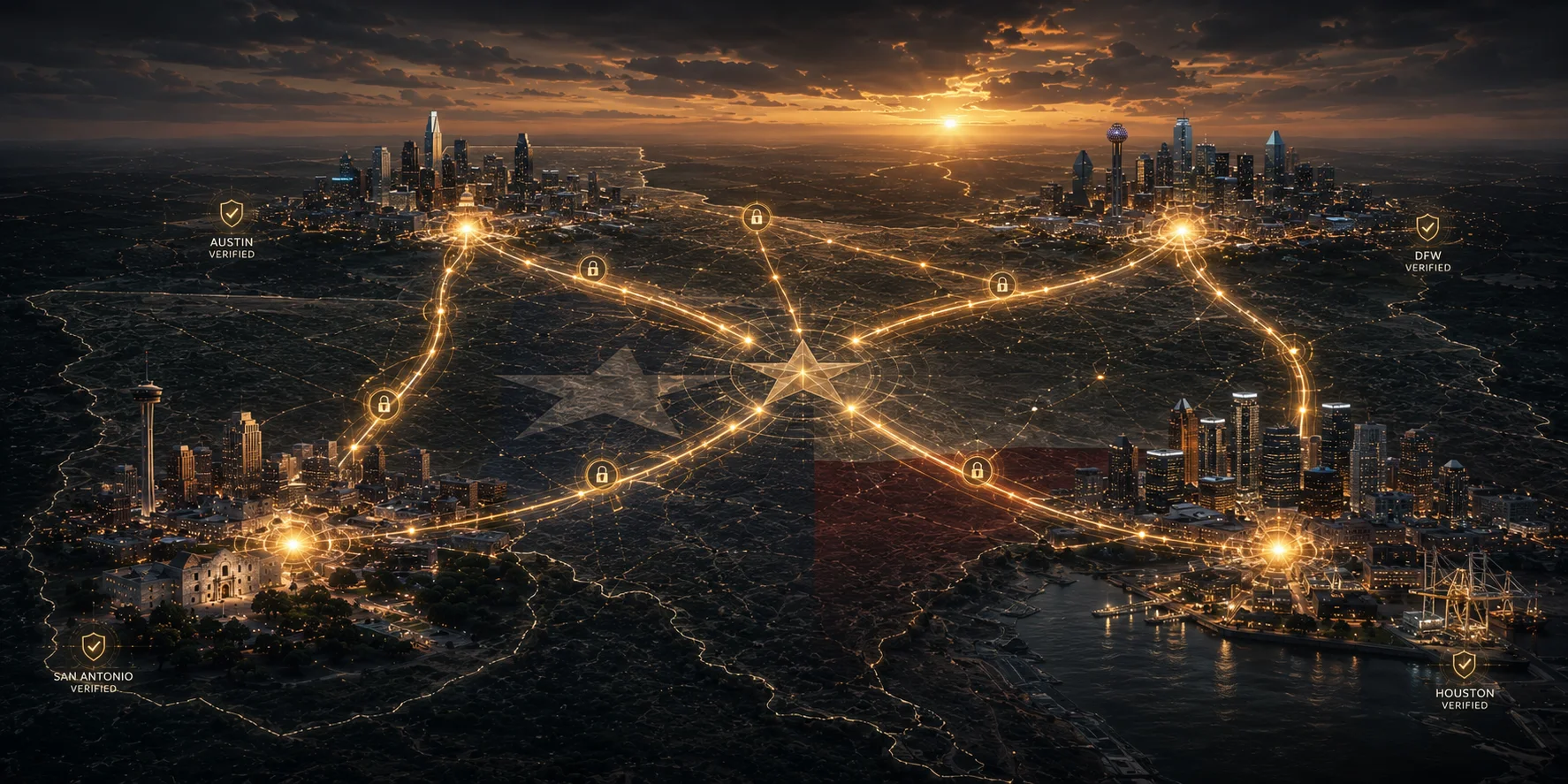 Zero-trust verified network connecting San Antonio, Austin, DFW, and Houston — routed through the Texas Lone Star