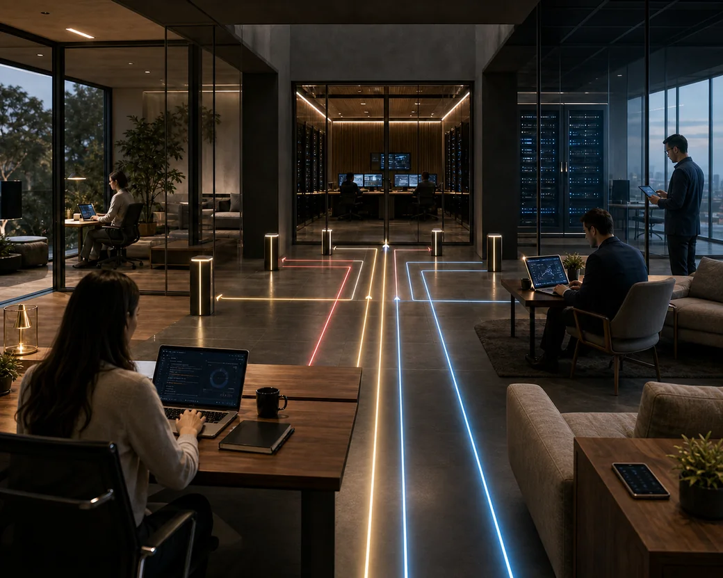 An open floor at dusk — people working at desks, in lounge chairs, and standing by the windows, with lit blue, gold, and red paths crossing the floor through checkpoints toward a glass-walled server room