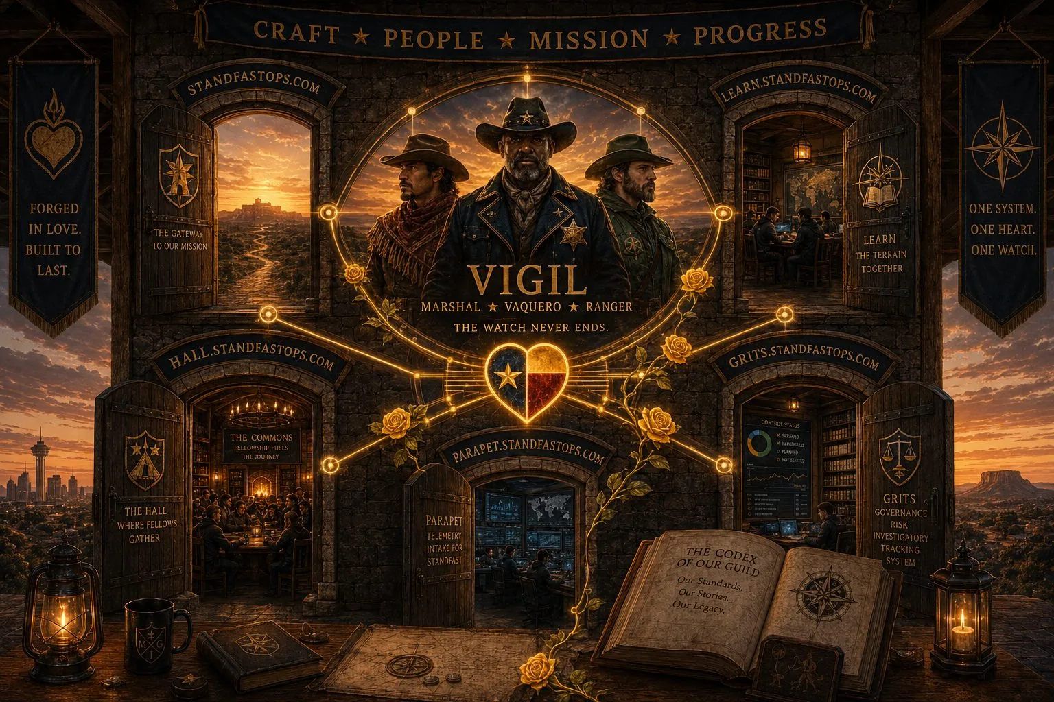 The StandFast estate — Vigil at the center, the heart at the hub, and the doors of the platform: the gateway, Learn, the Hall, GRITS, and the Parapet