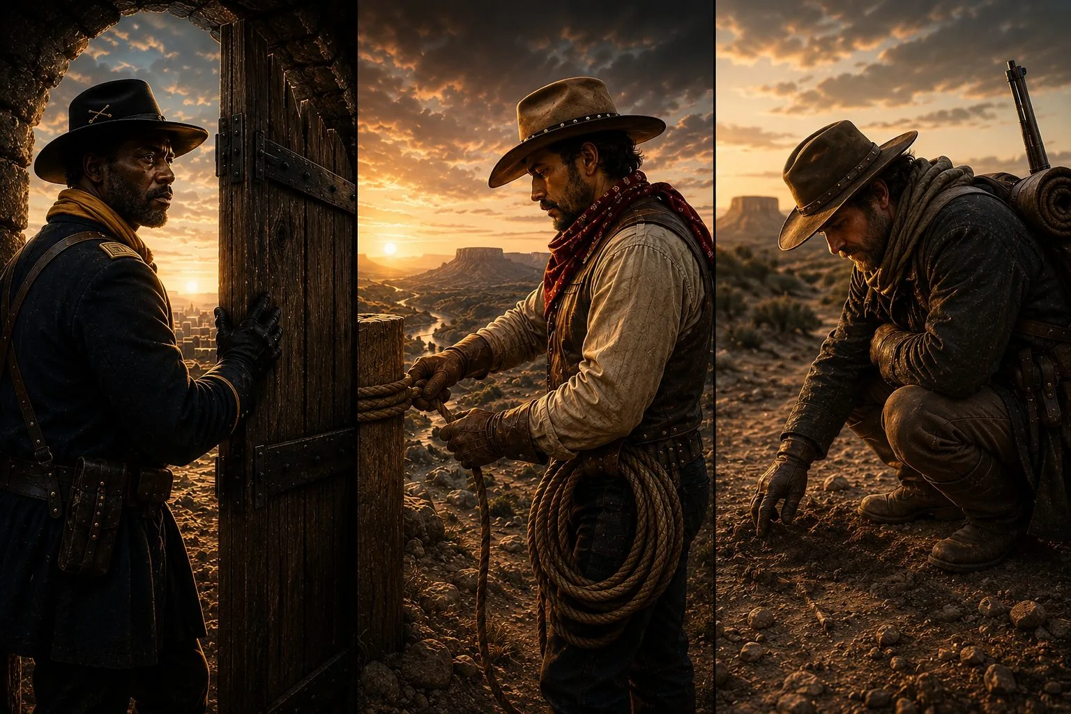 The three Guardians at their work — the Marshal holding the gate, the Vaquero binding the rope, the Ranger reading the trail