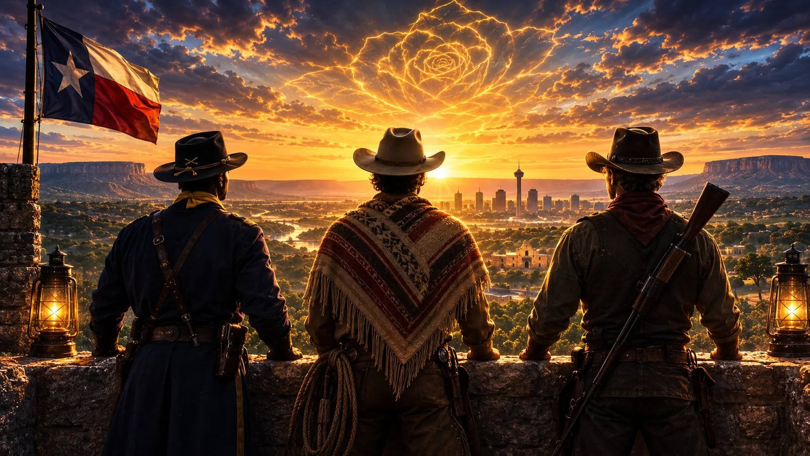 Vigil on the parapet — the Marshal, the Vaquero, and the Ranger keeping the watch over San Antonio, the Yellow Rose etched in the sky